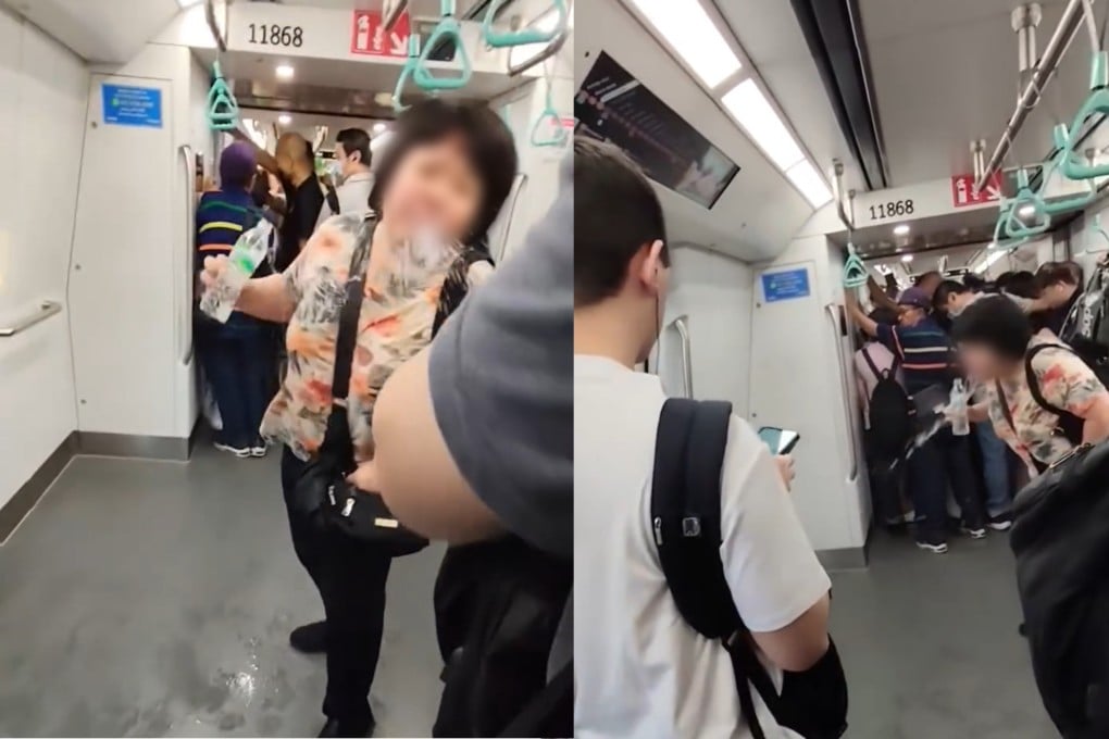 Screengrab from a viral video of a woman spitting out water on the floor and at passengers on an MTR train in Singapore. Photo: Instagram / summeryeow0573