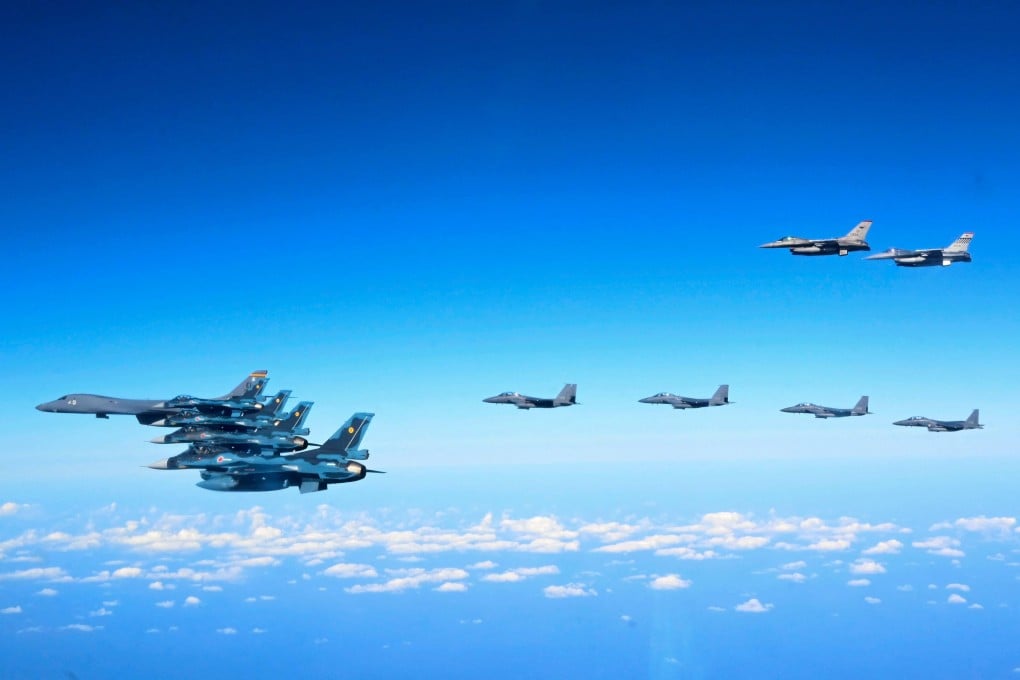 A US B-1B bomber, South Korean F-15K, Japanese F-2, and US F-16 jets fly in a joint drill over Jeju Island, South Korea, in 2024. Photo: AFP/US Air Force/South Korea’s defence ministry