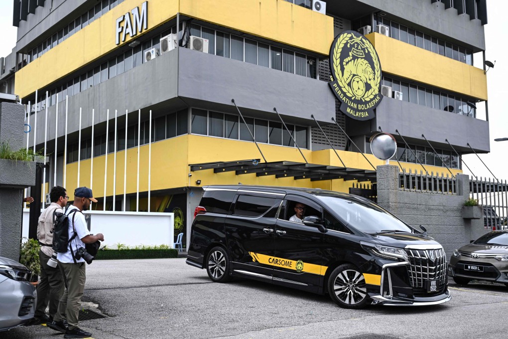 A Malaysian football association (FAM) vehicle leaving the FAM’s headquarters in Kuala Lumpur on Wednesday. Photo: AFP