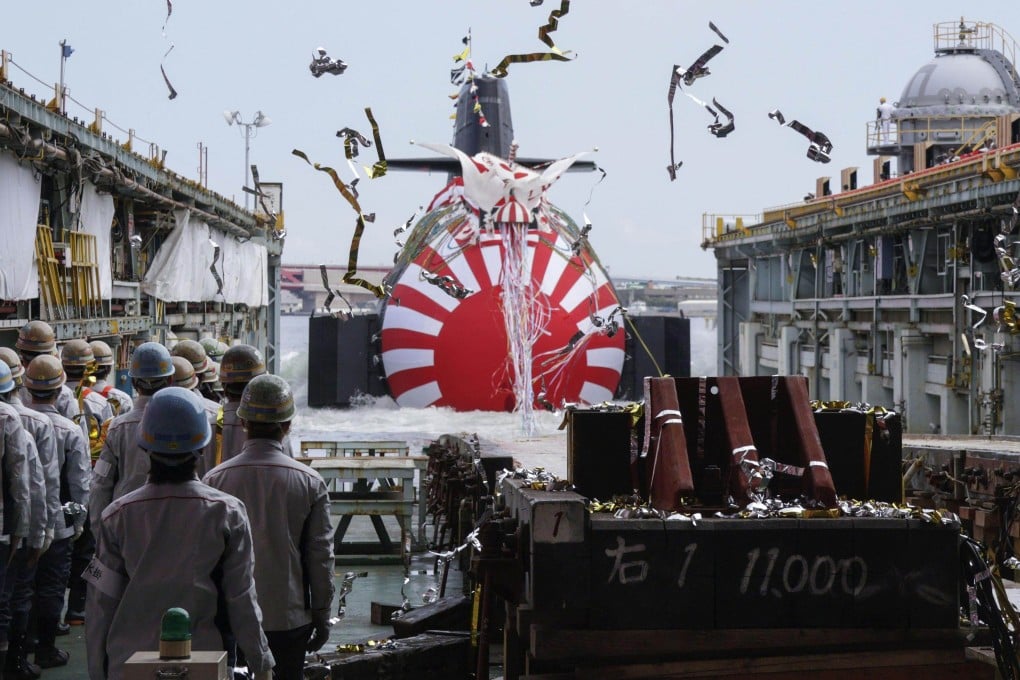 A launch ceremony for the Japan Maritime Self-Defence Force’s newly built submarine Sogei at a Kawasaki Heavy Industries shipyard in Kobe, western Japan, on October 14, 2025. Photo: Kyodo