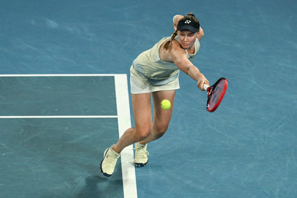 Kazakhstan’s Elena Rybakina hits a return to Jessica Pegula of the US during their semi-final match at the Australian Open on Thursday. Photo: AFP