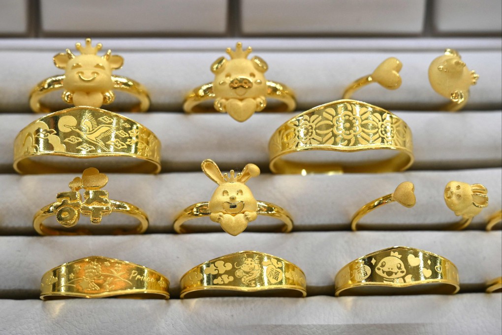 Gold jewellery on display at a store in Seoul, South Korea, on Monday. Photo: AFP