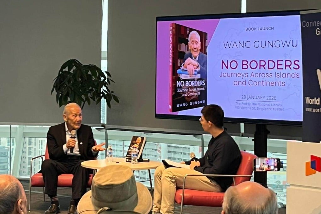 Australian sinologist Wang Gungwu (left), speaking about his new book “In No Borders: Journeys Across Islands and Continents” at its launch in Singapore on Thursday. Photo: Jean Iau