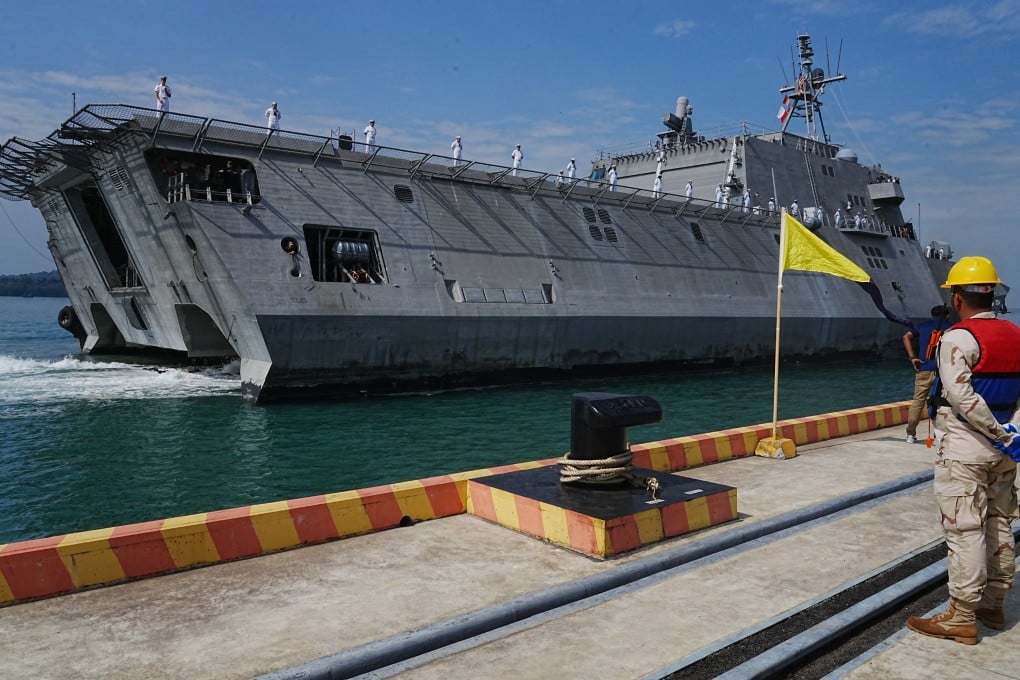 USS Cincinnati docks at Ream Naval Base’s pier in Sihanoukville on Saturday. Photo: AP
