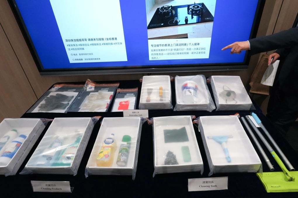 Authorities display cleaning and renovation tools seized during the undercover operation. Photo: Jelly Tse