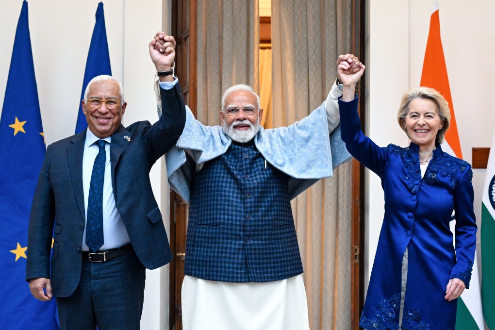 (From left) Antonio Costa, president of the European Council; Narendra Modi, India’s prime minister; and Ursula von der Leyen, president of the European Commission, at Hyderabad House in New Delhi, India, on January 27. Photo: European Council/dpa