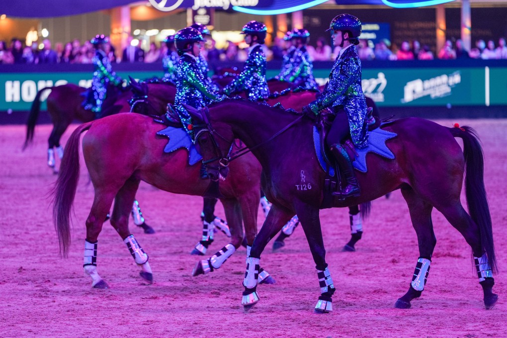 Eight retiredracehorses take part in the Hong Kong Jockey Club Musical Ride at the Longines Hong Kong International Horse Show. Photo: Eugene Lee