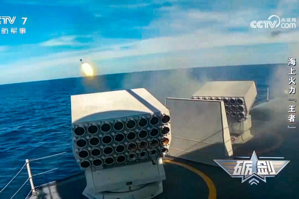 The PLA destroyer Yanan fires electronic jamming missiles in “waters near Taiwan island”, to warn off foreign aircraft. Photo: CCTV