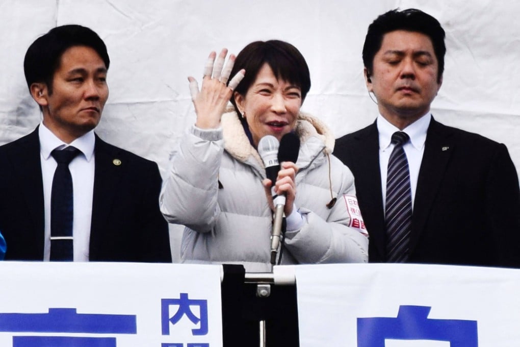 Japan’s Prime Minister and President of the Liberal Democratic Party (LDP) Sanae Takaichi (centre) delivers a speech during the House of Representatives election campaign in Kani, Gifu prefecture on Sunday. Photo: AFP