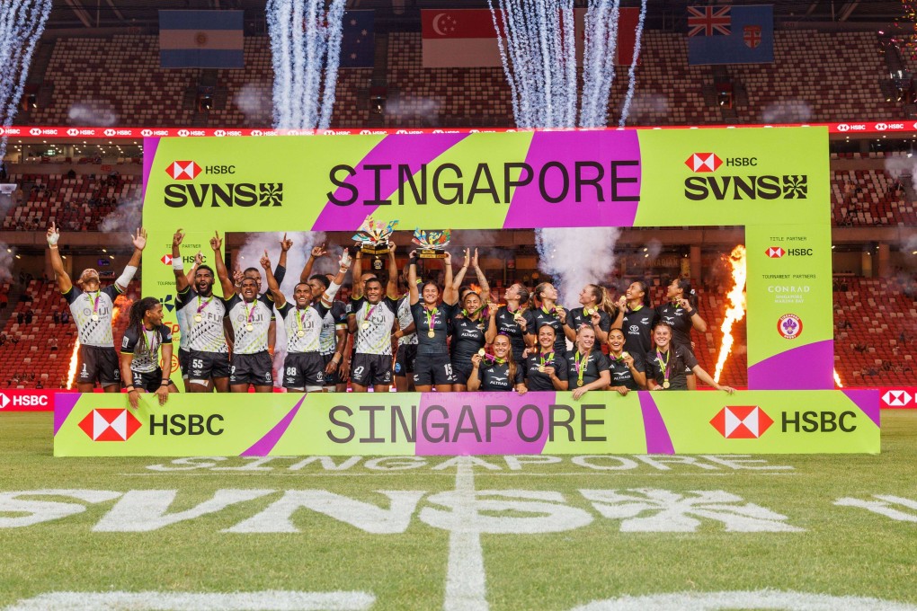 February 1: New Zealand women and Fiji men celebrate their wins at the HSBC SVNS Singapore. Photo: World Rugby