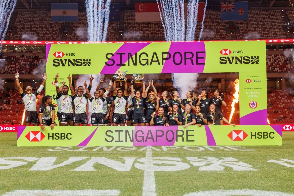 February 1: New Zealand women and Fiji men celebrate their wins at the HSBC SVNS Singapore. Photo: World Rugby