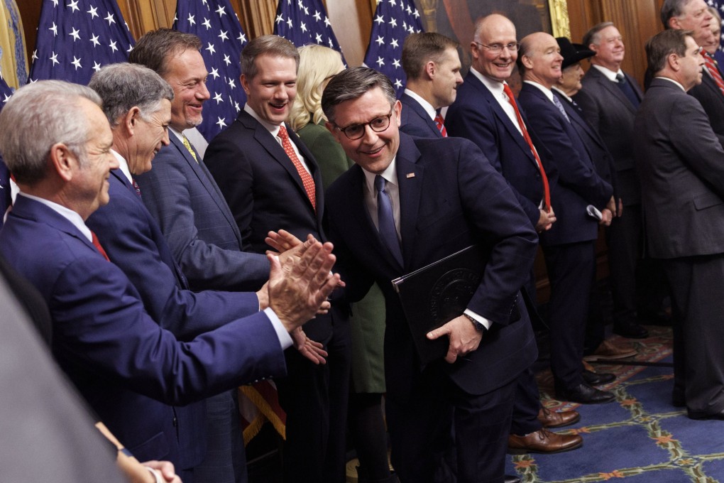 US House Speaker Mike Johnson high fives Republican lawmakers in Washington. Photo: EPA