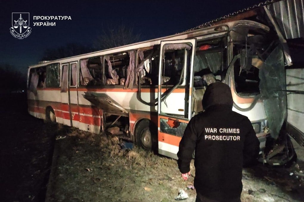 A bus that was hit by a Russian drone in Dnipropetrovsk region, Ukraine. Photo: Ukrainian Prosecutor’s Office via AP