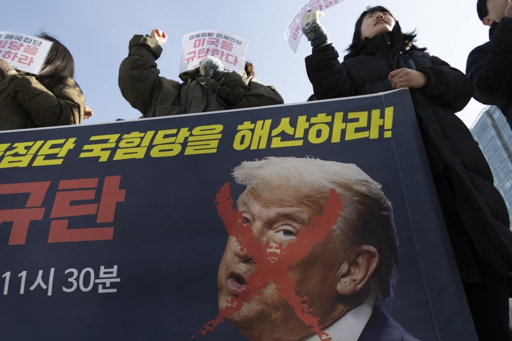 Protesters shout slogans during a rally against US tariff policies towards South Korea outside the American embassy in Seoul last week. Photo: EPA