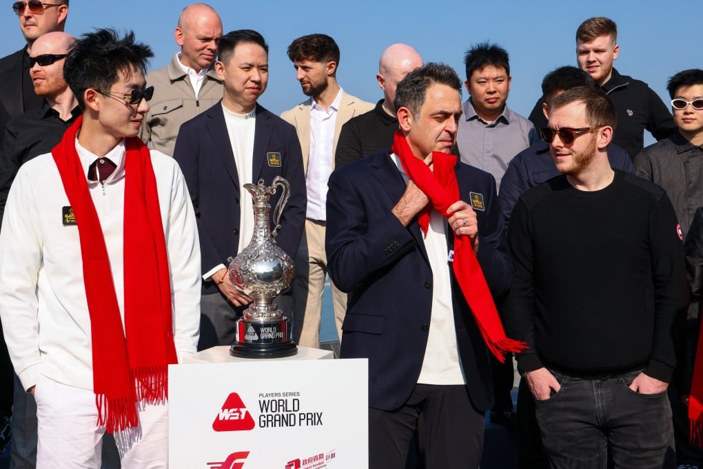 Snooker stars (from left) Wu Yize, Ronnie O’Sullivan and Mark Allen attend a  welcome ceremony for the World Grand Prix at Peak Galleria. Photo: Dickson Lee