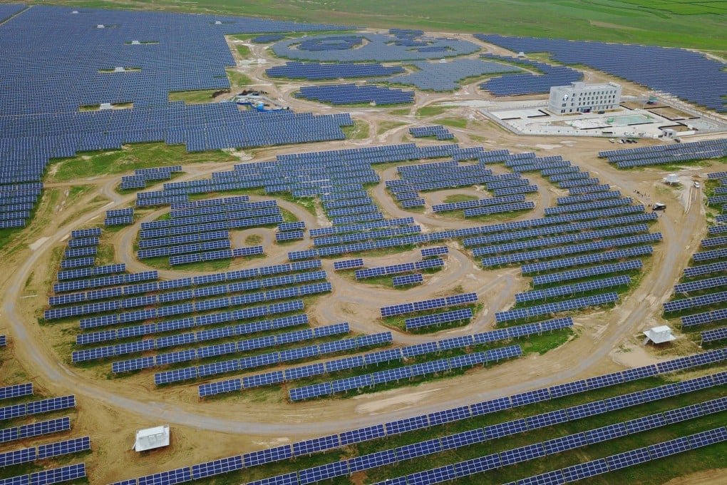 An aerial view of the Datong Panda Power Plant, where solar panels form massive panda patterns in Datong, Shanxi province. Photo: EPA
