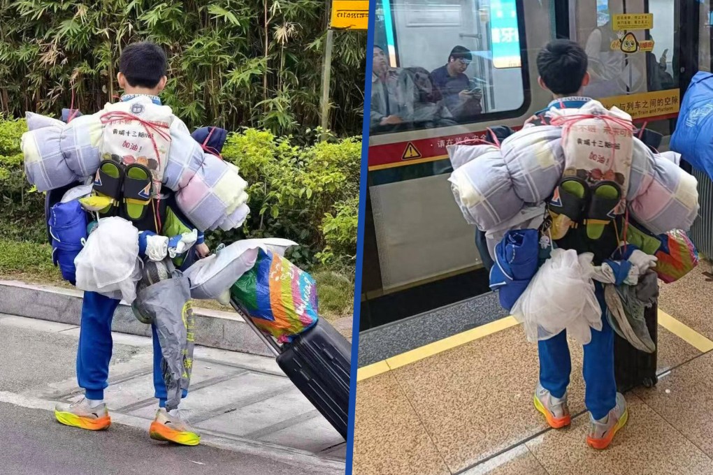 A junior secondary school pupil has received praise from internet users for independently carrying a large amount of luggage tied to his back while travelling home for the Lunar New Year break. Photo: SCMP composite/Weibo