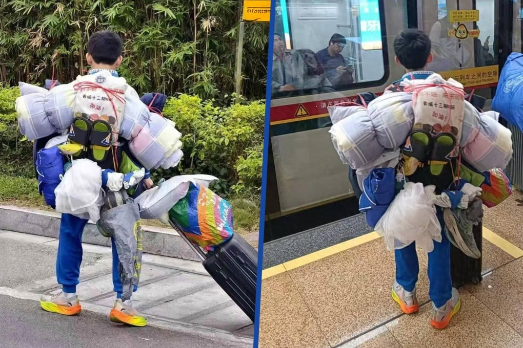 A junior secondary school pupil has received praise from internet users for independently carrying a large amount of luggage tied to his back while travelling home for the Lunar New Year break. Photo: SCMP composite/Weibo