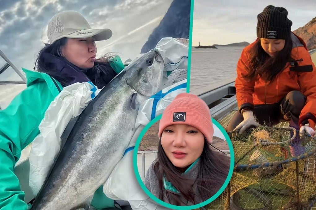 A Chinese woman has made headlines after quitting her job at a property development company in Beijing to work as a quality inspector at a fish feeding centre on a remote island in the East China Sea. Photo: SCMP composite/Douyin
