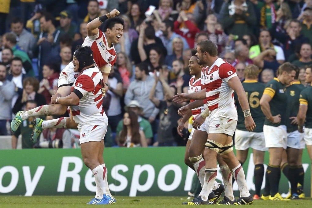 Japan’s players celebrate their win over South Africa in Brighton at the 2015 Rugby World Cup. The Japanese then had to face Scotland with only four days’ preparation and lost. Photo: AP