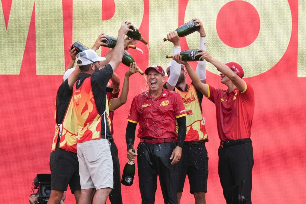 Sergio Garcia (centre) and team Fireballs GC celebrate on the final day of LIV Golf Hong Kong 2025. Photo: Eugene Lee