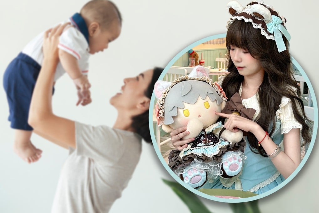 China’s Generation Z are embracing the notion of “becoming mothers without pain” by nurturing stuffed toys as if they are real babies. Photo: SCMP composite/Shutterstock/Douyin