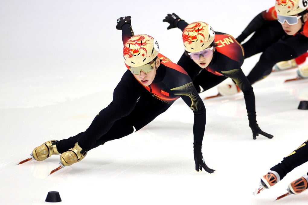 Chinese short-track speed skater Lin Xiaojun (left) training in Beijing last month ahead of the upcoming Milan-Cortina Winter Olympics. Photo: Xinhua