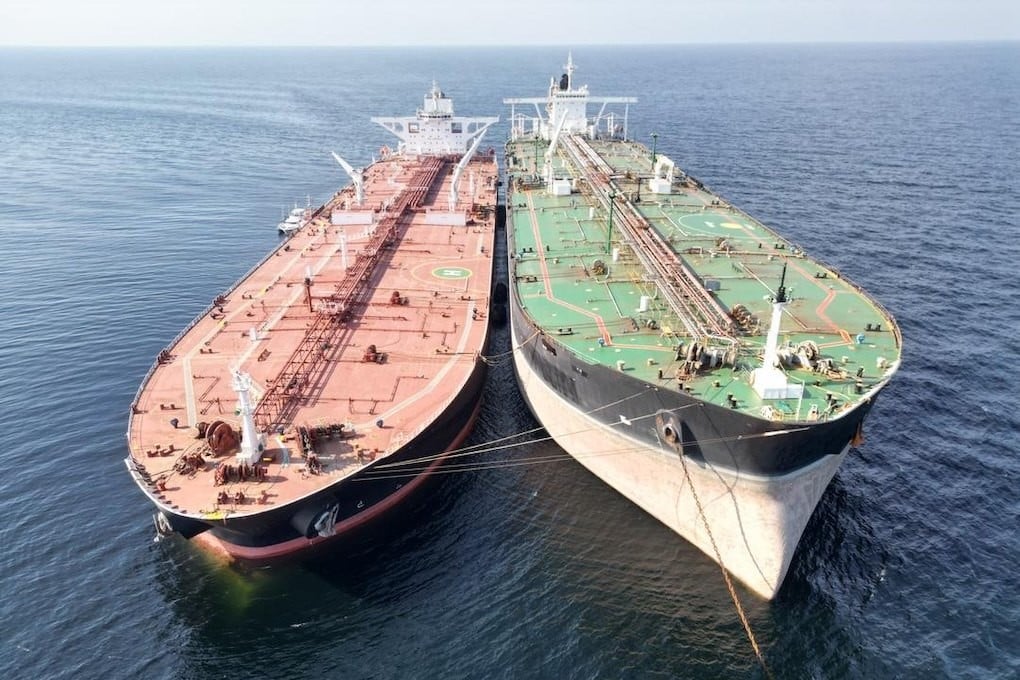 A transfer of oil between MT Nora ship (left) and Rcelebra ship (right) off Penang last month. Photo: Malaysian Maritime Enforcement Agency