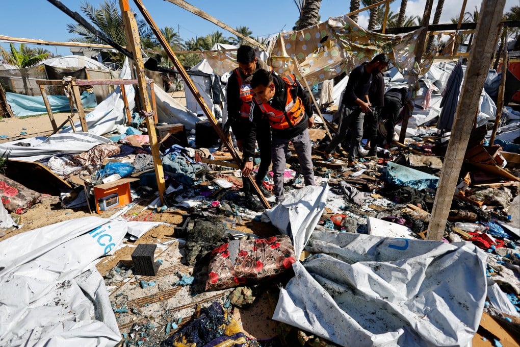 The aftermath of an Israeli strike on a tent camp sheltering displaced Palestinians, in Khan Younis, in the southern Gaza Strip. Photo: Reuters