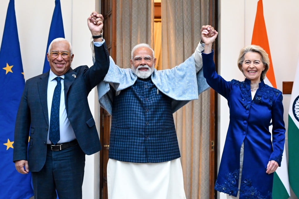 Indian Prime Minister Narendra Modi (centre) with European Commission President Ursula von der Leyen (right) and European Council President Antonio Costa at Hyderabad House in New Delhi on January 27. Photo: European Council/dpa