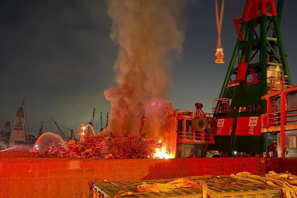 A barge carrying scrap metal caught fire at the New Yau Ma Tei Public Cargo Working Area in Hong Kong early on Friday. Photo: Handout
