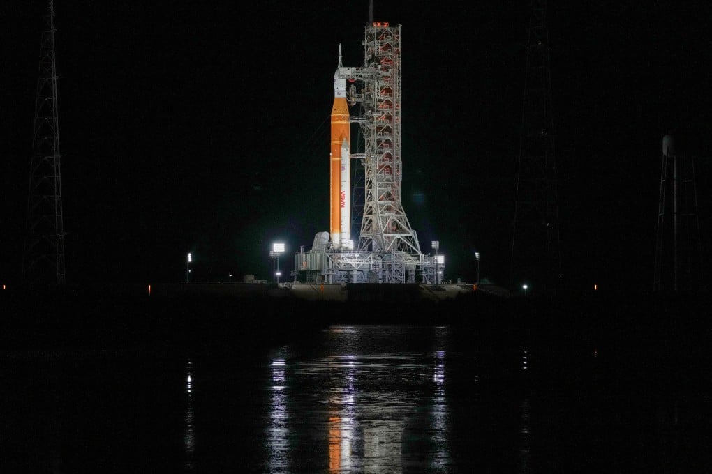 The Nasa Artemis II SLS rocket with the Orion spacecraft is seen at the Kennedy Space Centre in Florida on Sunday. Astronauts undertaking a lunar fly-by as part of the programme will be allowed to use mobile phones during the mission. Photo: AP