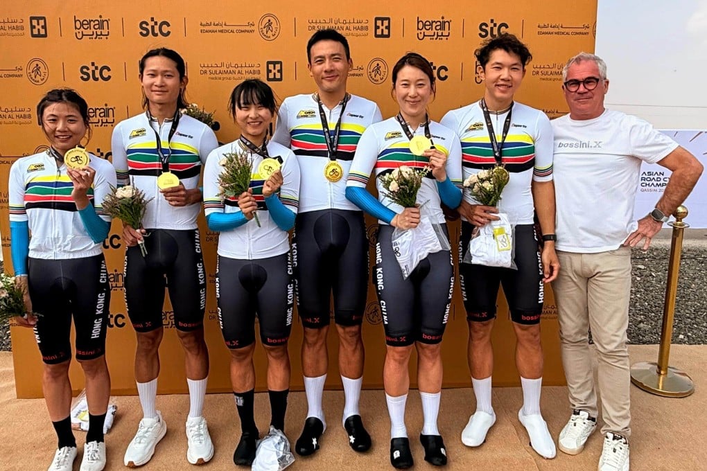 The Hong Kong team (from left): Chloe Leung, Franco Chu, Ceci Lee, Vincent Lau, Yang Qianyu, Charles Ng and Herve Dagorne. Photo: Cycling Association of Hong Kong, China.