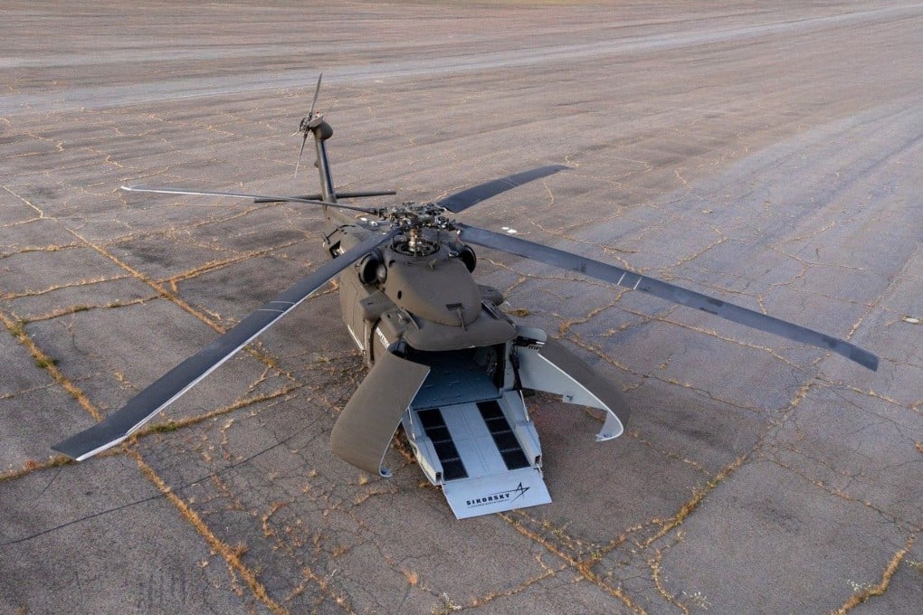 The fully autonomous U-Hawk, described as a “cockpitless” Black Hawk, is said to be capable of delivering a total payload of 10,000lbs, including one HIMARS multiple launch rocket system pod or two Navy strike missiles. Photo: Handout