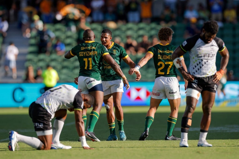 The South Africa sevens team celebrate after beating Fiji in the Perth SVNS cup final on Sunday. Photo: Reuters