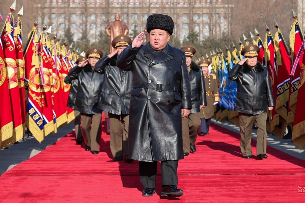 North Korean leader Kim Jong-un reviews a guard of honour as he visits the Ministry of National Defence in Pyongyang on Sunday. Photo: KCNA/AFP