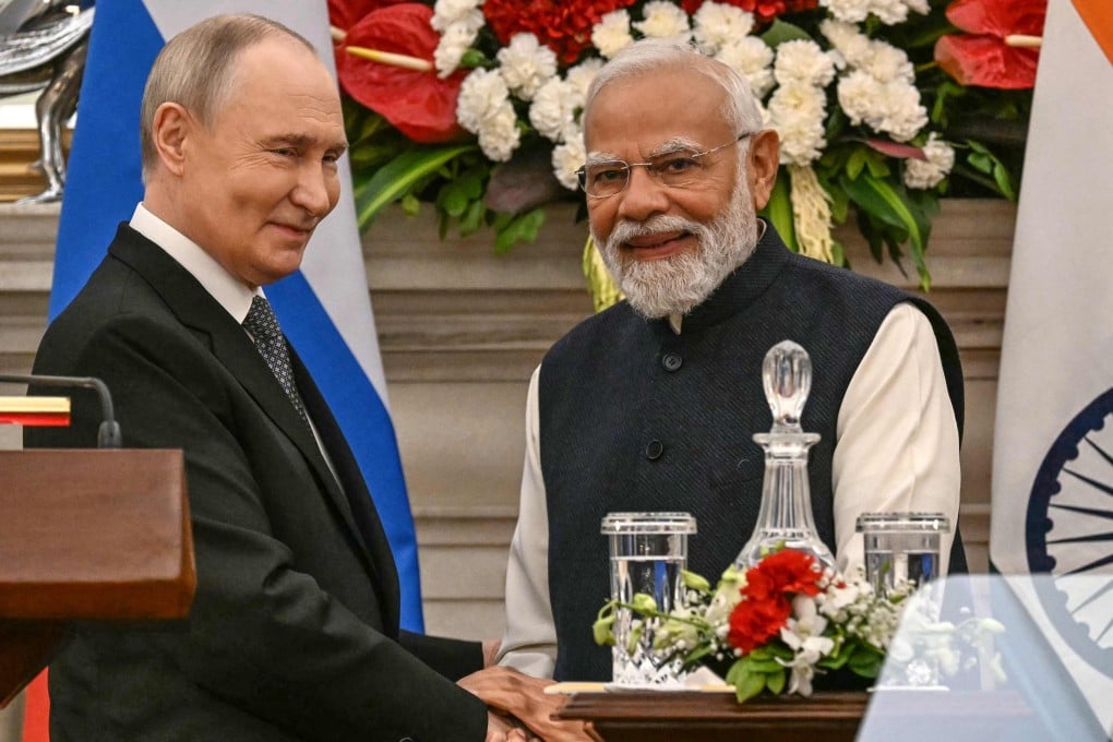 Russia’s President Vladimir Putin (left) speaks with India’s Prime Minister Narendra Modi at Hyderabad House in New Delhi in December 2025. Photo: AFP