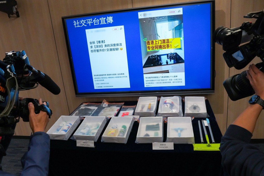 Authorities display cleaning and renovation tools seized during an operation targeting illegal labour. Photo: Jelly Tse