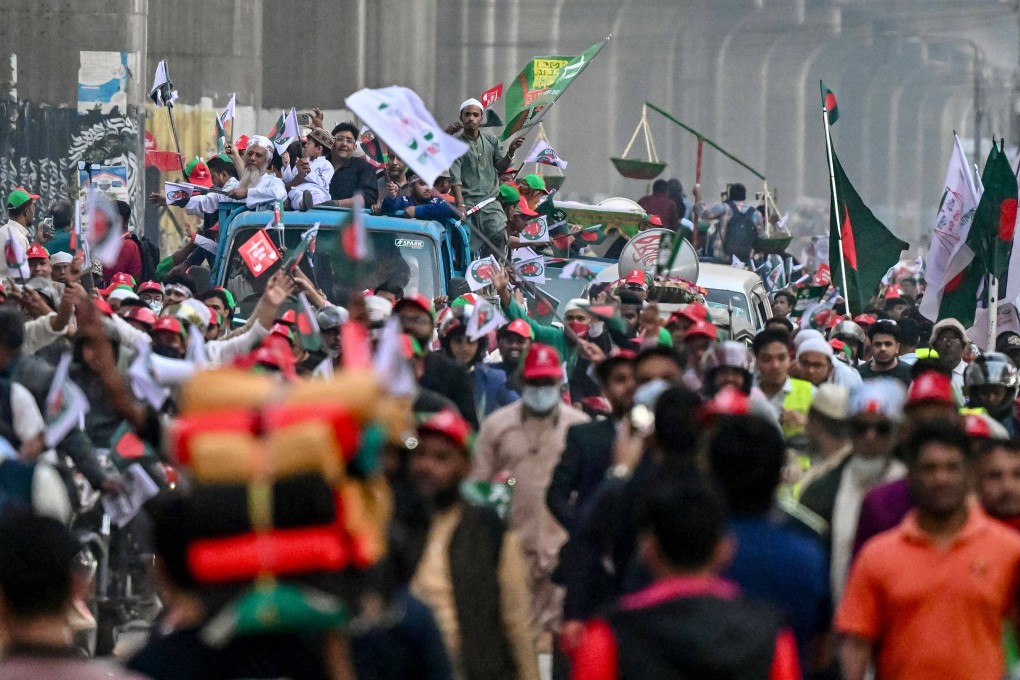 Supporters of the Jamaat-e-Islami party attend a rally on the final day of campaigning in Dhaka, Bangladesh, on Monday. Photo: AFP