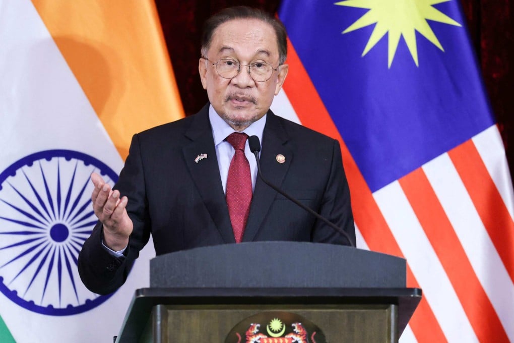 Malaysian Prime Minister Anwar Ibrahim speaks during a press conference with India’s Prime Minister Narendra Modi (not pictured) in Putrajaya on Sunday. Photo: AFP