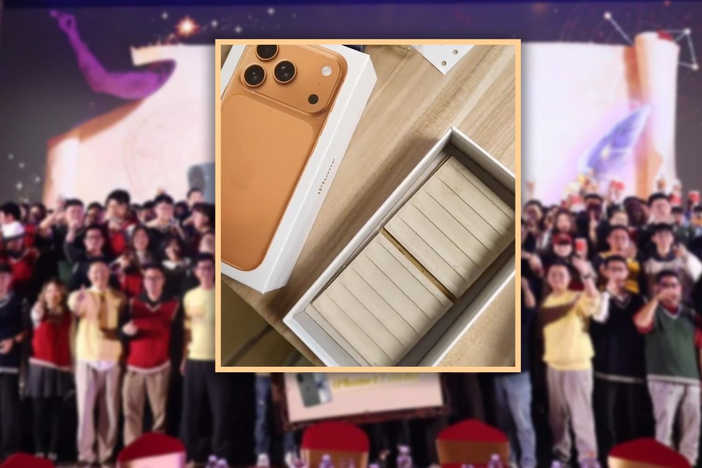 A Chinese man who won an iPhone 17 Pro Max at his company’s year-end party was surprised to find tiles inside the box instead. It was his team manager’s idea of a prank. Photo: SCMP composite/RedNote