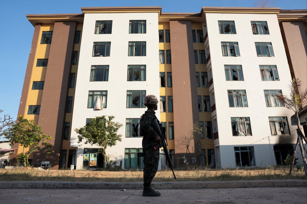 A Thai soldier stands guard near a seized scam compound in Samraong, Cambodia’s Oddar Meanchey province, on February 2. Photo: Reuters