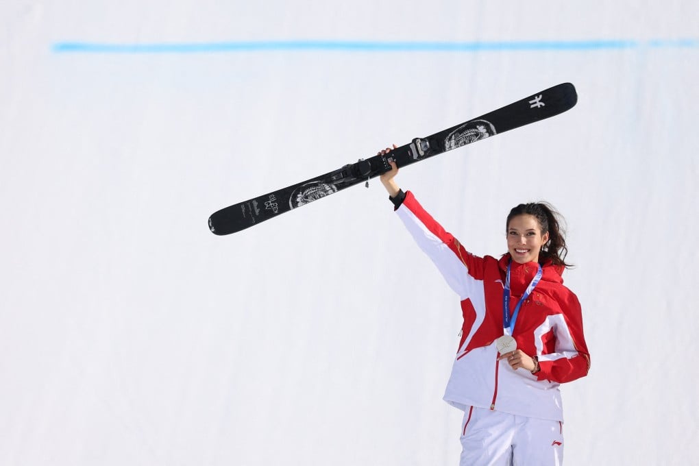Eileen Gu celebrates winning silver in women’s freeski slopestyle at the Milano Cortina Winter Olympics. Photo: Reuters