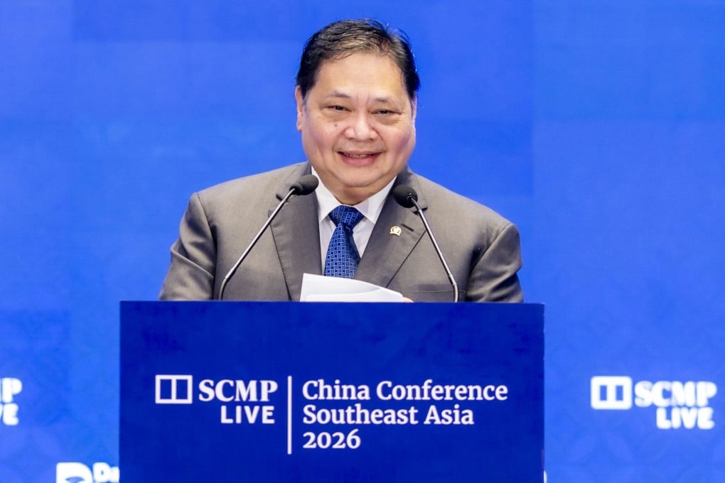 Indonesia’s top economic minister Airlangga Hartarto speaks at the China Conference: Southeast Asia 2026 in Jakarta on Tuesday. Photo: SCMP