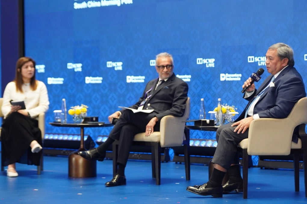 Mohamed Amersi (centre) and Bernardino Moningka Vega (right) take part in a plenary panel hosted by SCMP Executive Editor Zuraidah Ibrahim at the China Conference: Southeast Asia 2026 on Tuesday. Photo: SCMP