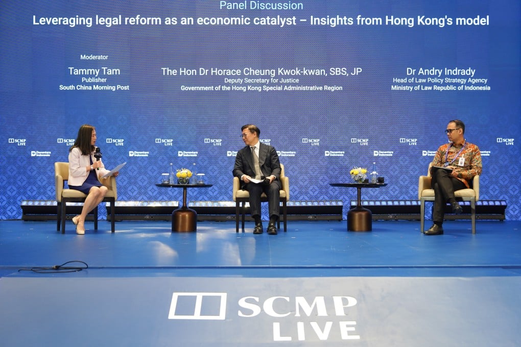 (From left) SCMP publisher Tammy Tam, Deputy Secretary for Justice Horace Cheung and Andry Indrady, head of the Law Policy Strategy Agency of Indonesia’s Ministry of Law at the China Conference: Southeast Asia 2026 in Jakarta. Photo: SCMP