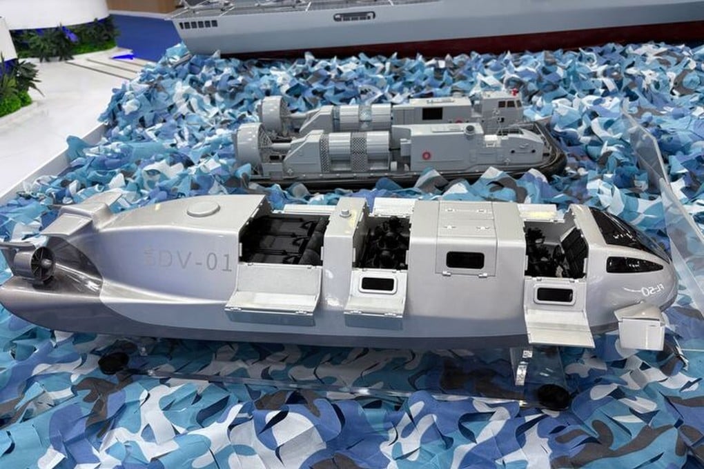 A small model of the SDV-01, a swimmer delivery vehicle made by state-owned China State Shipbuilding Corporation, is displayed at the World Defence Show in Riyadh, Saudi Arabia, on Monday. Photo: Amber Wang
