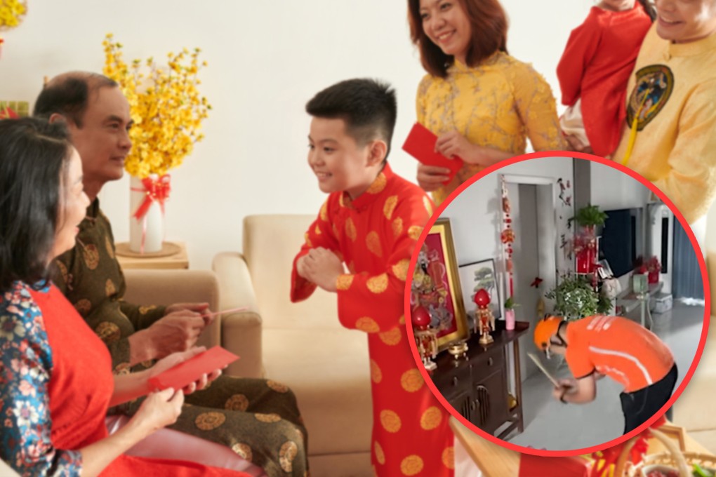 A Chinese delivery company is offering a “paid-for kowtowing service” in which customers pay US$145 for someone to kneel before their parents if they cannot return home for the Lunar New Year. Photo: SCMP composite/Shutterstock/RedNote