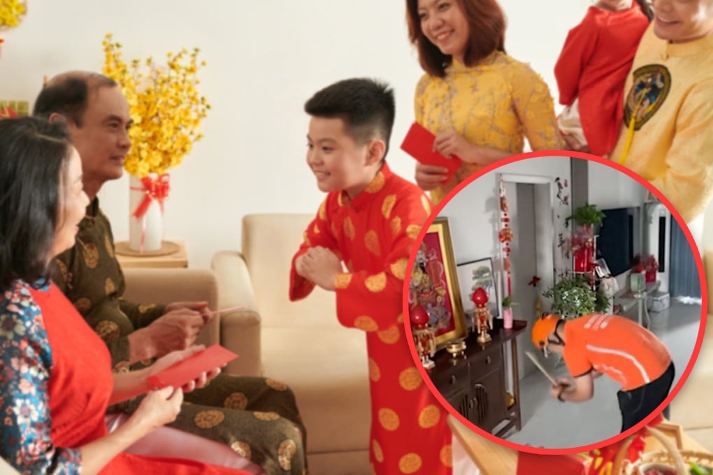 A Chinese delivery company is offering a “paid-for kowtowing service” in which customers pay US$145 for someone to kneel before their parents if they cannot return home for the Lunar New Year. Photo: SCMP composite/Shutterstock/RedNote