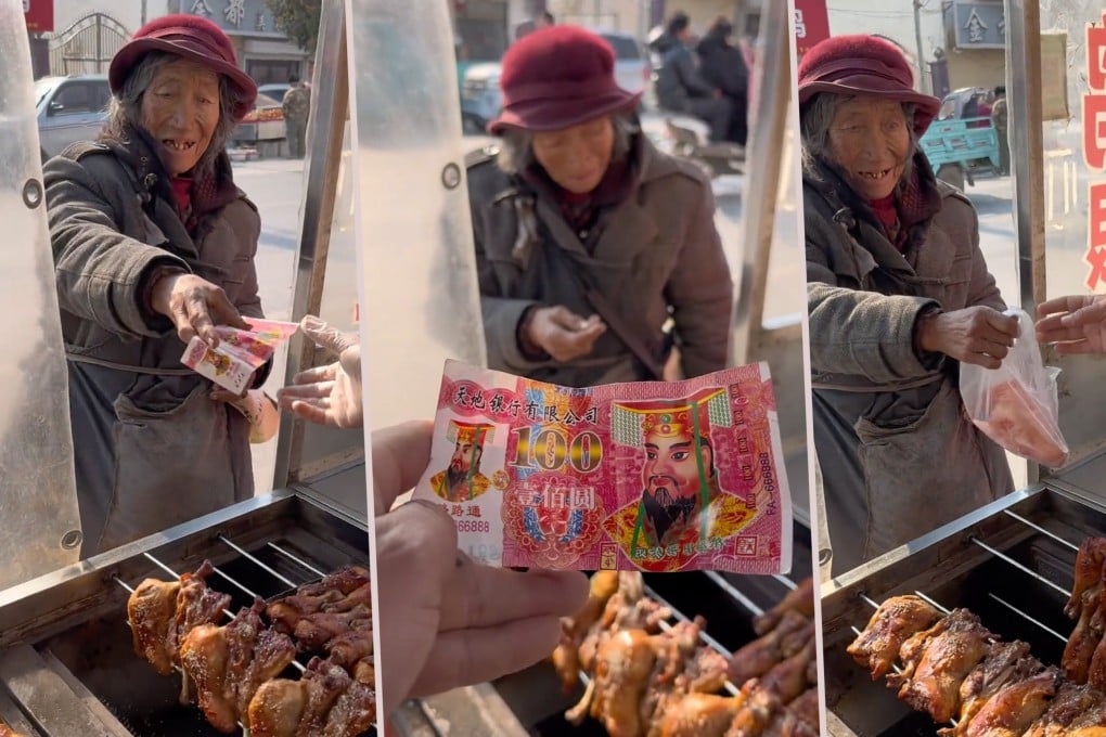 A 70-year-old Chinese woman has used so-called hell money for purchases in her neighbourhood for years and stall owners accept it without complaint. Photo: SCMP composite/Douyin